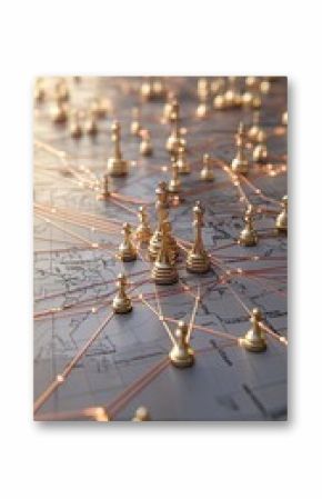 Chess pawns on a world map illustrate global connectivity and technology in a business setting with a striking gold and red color palette