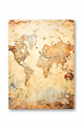 A vintage-style world map overlaid with an aged, textured background, highlighting major continents and geographical details.