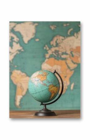 A vintage globe sits on a wooden table with a colorful world map background