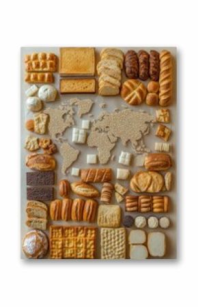World map crafted from different types of bread on a neutral surface