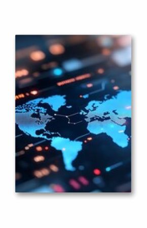 Digital world map with data visualization elements.