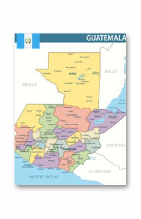 Guatemala Map Vector New 2024 Colorful - Customizable layered political map of Guatemala with administrative divisions for website, education, reports, news, politics, print, poster and wallpaper