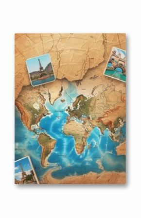 Explore world destinations with travel photos arranged on a vintage map backdrop for creative mock up presentations. Generative AI