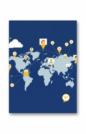 A map of the world with connecting lines and pins, showing people from different cultures working together virtually