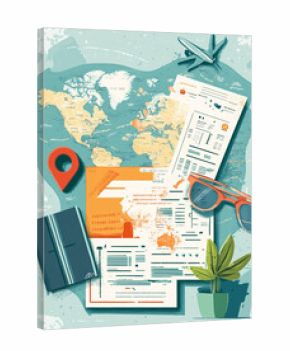 Travel documents and planning tools on world map background