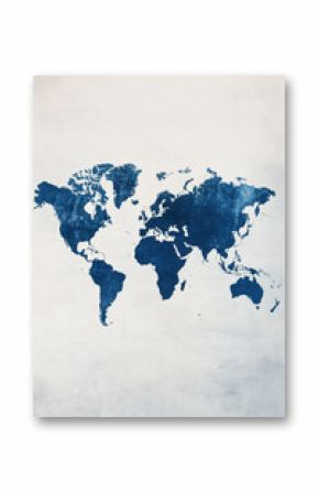 Artistic blue watercolor world map on textured white background, illustrating global geography with artistic flair and minimalistic design.