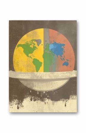 A semi-circle layout of the world map, embracing a grunge style with colorful continents, representing global unity and diversity in a creative artwork.
