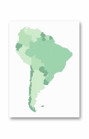 South America dotted map. Digital style map of the continent on white background. South America shape with square dots. Colored dots style. Small size squares. Amazing vector illustration.
