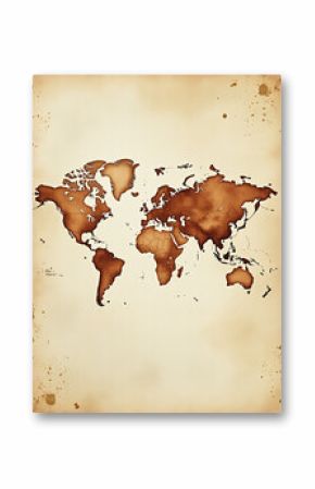 A Vintage World Map Is Depicted In A Brown Watercolor Painting With Abstract Splatters On Old Paper. 00003
