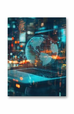 Close up of laptop computer with glowing money transfer globe on blurry background. Currency and stock exchange concept. Double exposure