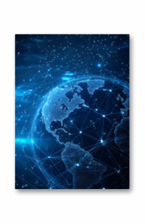 Connecting continents through a vibrant network, illustrating a global web of communication and technology across planet Earth