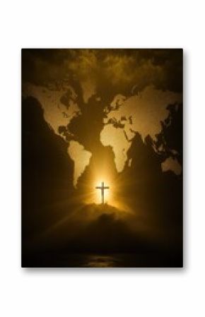 Global faith, cross sunrise, world map background, spiritual hope, religious imagery
