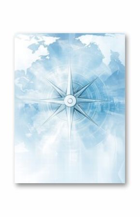 Stylized compass design with world map backdrop in soft blue hues reflecting navigation and exploration themes. Generative AI
