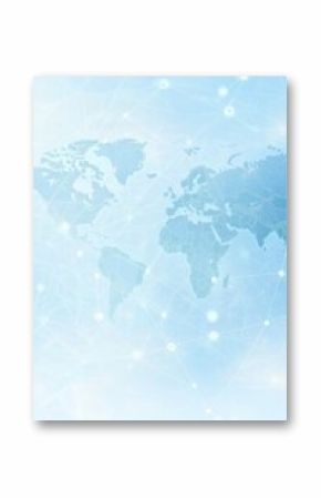 A serene blue world map background with a network of connections illustrating global communication and technology
