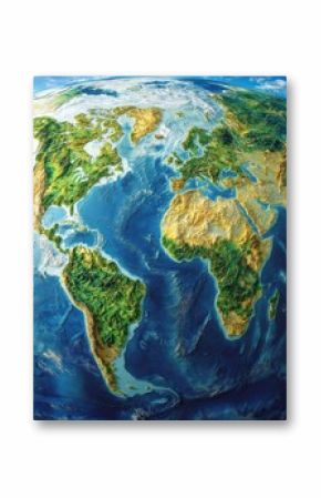 A detailed physical map of the world provides a high-resolution flattened satellite view of Earth's geography and topography.