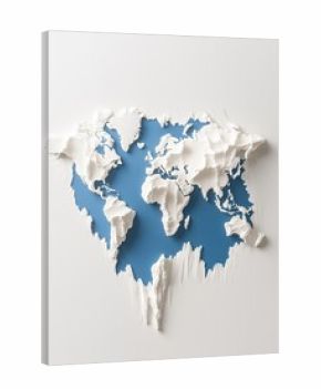 A 3D world map art piece with a blue background and white continents, resembling torn paper, creating a unique decorative effect.