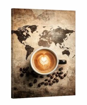 A latte art coffee cup sits atop a world map, surrounded by coffee beans, symbolizing a global love for coffee.