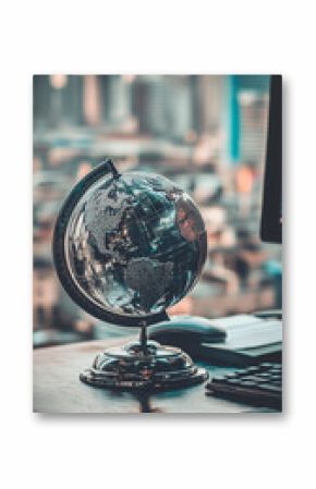 Small aluminum globe resting workstation reflective surface modern minimalistic design travel concept world map sleek metallic finish elegant desk decor office toy planet ball visual tech orbit sphere