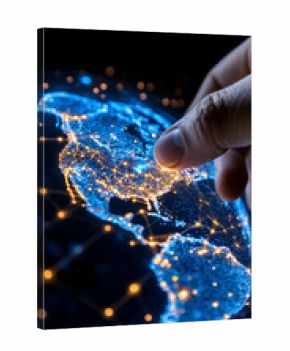 Fingertip touching illuminated North America on a digital globe