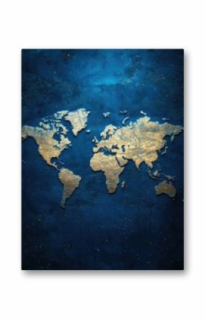 Gold foil world map on dark background with star-like texture.