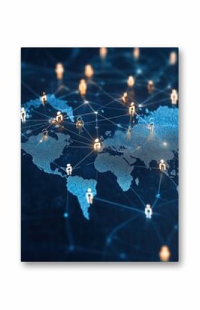 Global network connection concept. Abstract image showing people icons linked across a world map, representing international communication, collaboration, and networking.