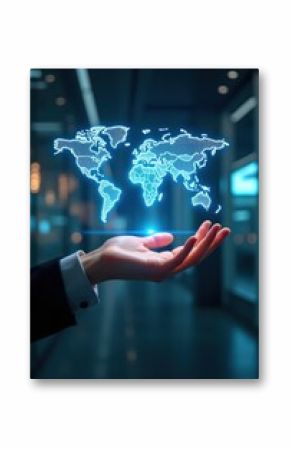 Businessman holding a digital world map with futuristic stock market data visualization  