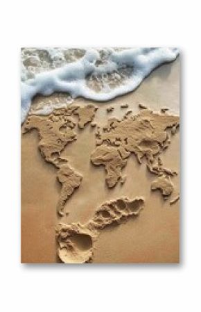  World map sculpted from sand on vast beach with gentle waves washing up along edges, symbolizing Earth's fragility and connection to nature.