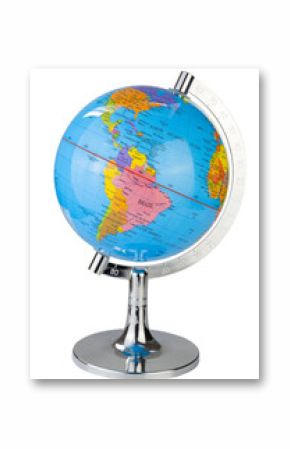 Table world colorful earth globe model in blue color showing map of Brazil isolated on white background. 