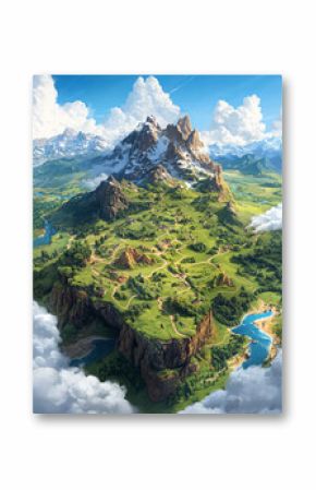 3D detailed map with routes. Fantasy Realms with Roads, Valleys, and Mountains. 