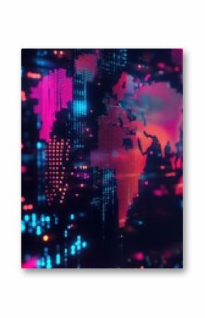 Global stats and big data concept with digital graphic colourful dotted world map and indicators on abstract dark background, greed for landing page. 3D rendering