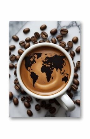 Creative coffee art in a cup showing world map with beans on marble, symbolizing global coffee culture, international connection, and morning rituals with elegance. 