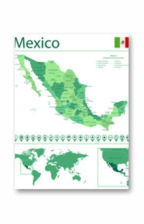 Mexico detailed map and flag. Mexico on world map.