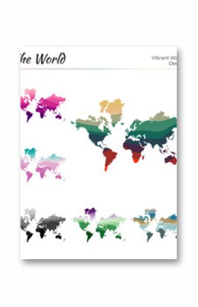Set of vector maps of The World. Vibrant waves design. Bright map of world in geometric smooth curves style. Multicolored The World map for your design. Elegant vector illustration.