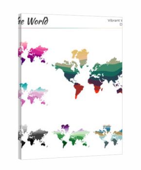 Set of vector maps of the world featuring a vibrant waves design. Bright and multicolored world map in a geometric smooth curves style. Elegant vector illustration.