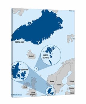 The Kingdom of Denmark map, administrative divisions. Denmark vector map and its two autonomous territories: the Faroe Islands and Greenland. Vector illustration