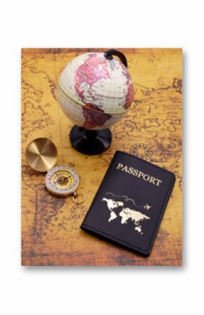 World travel, retro globe on vintage map with passport and compass.