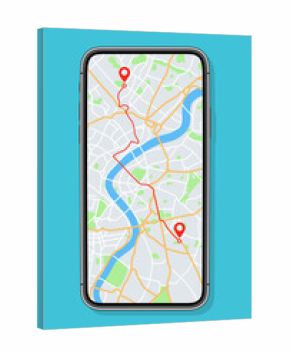 Phone with map and gps with location on screen. Mobile smartphone app with map of roads and pin with navigator of city. Vector. Application of street search and route navigation icons in town