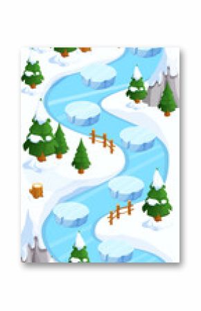 Winter Game map snow forest and ice gui background, template in cartoon style, casual isometric view. Decorated with stones, trees, pond. 