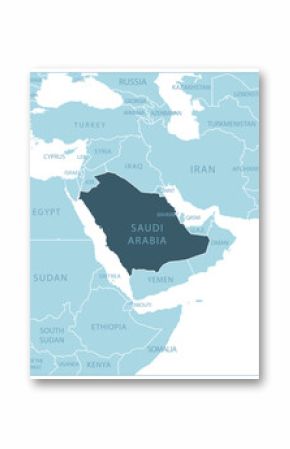 Saudi Arabia - blue map with neighboring countries and names.
