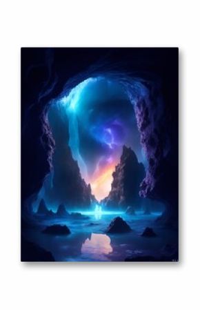 The entrance of the mysterious cave leading to another world, portrait made with Generative AI.