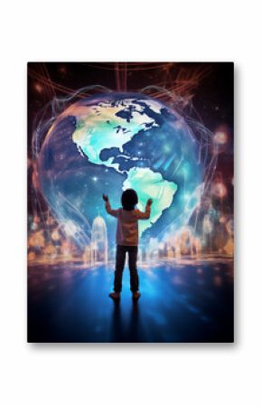 a child standing in front vertical glowing world map hologram and touch it with finger, full body boy, super wide lens, futuristic light, hyper realistic, beautiful dreammy light, beautiful curve
