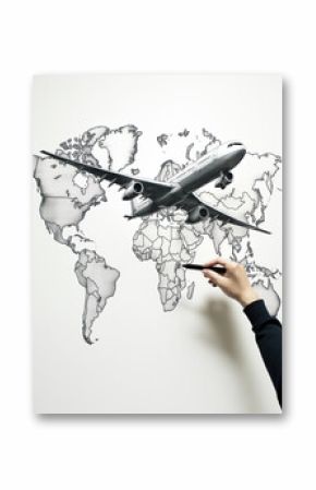A hand sketching a world map with the airplane