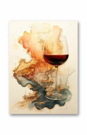 AI generated illustration of a wine glass filled with red wine in front of a world map background