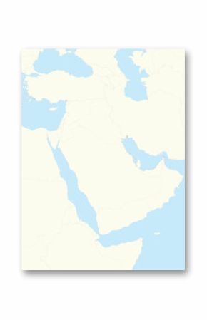 Beige detailed CMYK blank political map of the MIDDLE EAST with black national country borders on beige continent background and blue sea surfaces using orthographic projection