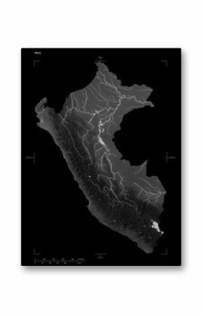 Peru shape isolated on black. Grayscale elevation map