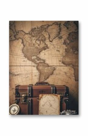 An antique world map as the background, with a compass, an old-fashioned suitcase and a blank valentine's card. Vertical orientation. 