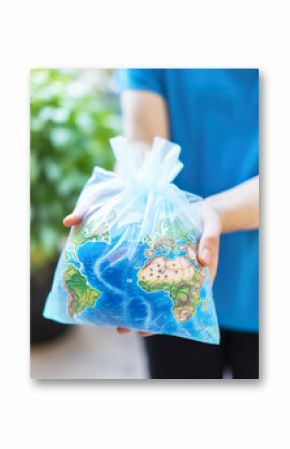 Generative AI illustration of anonymous person holding a plastic bag with a world map design in emphasizing the need for environmental protection