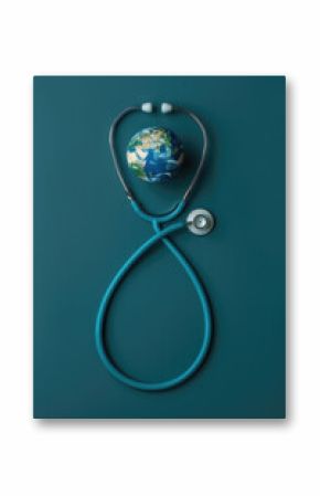 World Health Day. Global Health Awareness concept. Globe inside stethoscope. Green Earth day concept.