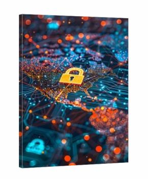 Cyber Security Padlock on Encrypted Map of Global Network