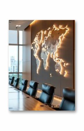 Globalization impact on organizations shown through a world map wall decor in a conference room, connecting global offices via realtime tech